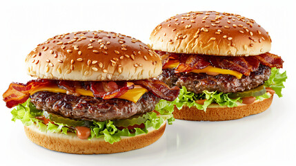 Tasty burgers with bacon on white background