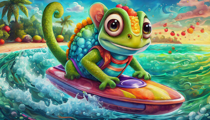 CARTOON CHARACTER CUTE a beautiful chameleon rides a jet ski on the beach