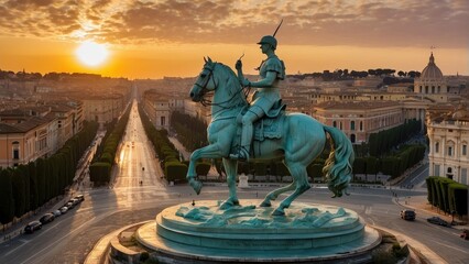 Sunset over St Peters Basilica with an equestrian statue in Rome
