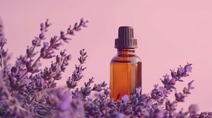 A close-up image of a bottle of essential oil with lavender flowers in the background.