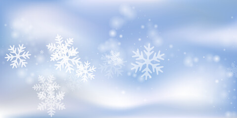 Naklejka premium Subtle falling snowflakes design. Snowfall fleck ice particles. Snowfall sky white blue background. Glimmer snowflakes december vector. Snow cold season landscape.