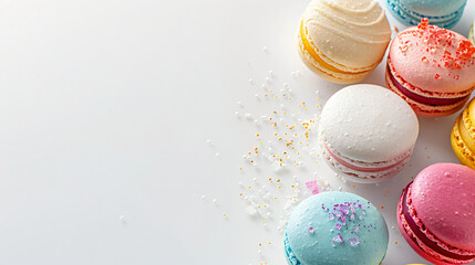 Tasty colorful macarons on white background closeup