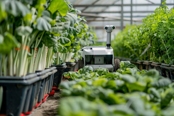An autonomous robot navigating a smart farm optimizing plant health and growth with precision agriculture techniques 
