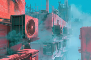 An image of a cyberpunk city with a blue sky and red buildings. There is a lot of fog and the buildings are very tall.