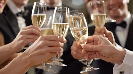 A group of people are toasting with champagne glasses.