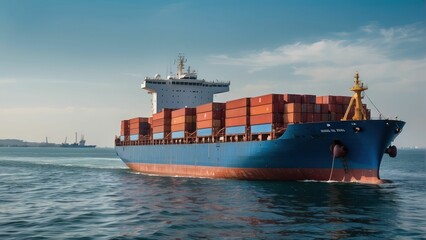 Large cargo ship at sea with containers and clear sky