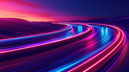 A very rich and colorful abstract road background, with dark blue and purple styles, futuristic minimalism, neon lights, and smooth curved lines