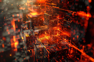 An eerie 3D visualization of a firewall as a digital fortress with AI algorithms constantly adapting its defenses to new cyber threats 