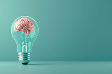 An elegant 3D render of a light bulb with a brain suspended in mid-air inside, on a pastel teal background, symbolizing floating ideas 