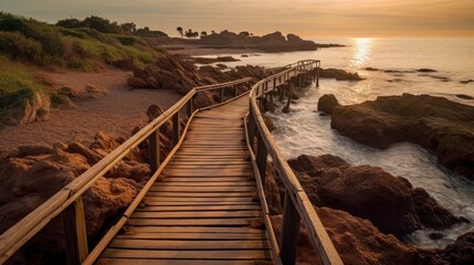 wooden pier on the beach on a sunny day.AI generated image