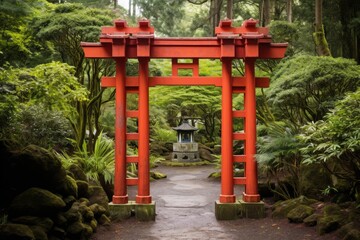 Fototapeta premium A red torii gate marks the entrance to a secluded area, adding a touch of spiritual significance to the garden.