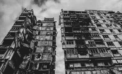 destroyed and burned houses in the city during the war in Ukraine
