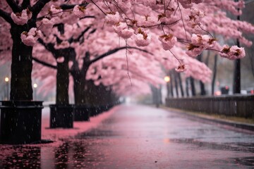 A gentle rain begins to fall, causing the cherry blossoms to glisten like diamonds.
