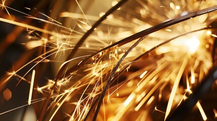 Close-up of sparks flying from a grinding wheel against metal, intense focus, dramatic lighting.