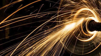 Close-up of sparks flying from a grinding wheel against metal, intense focus, dramatic lighting. -