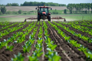 Tractor cultivating a young crop field
