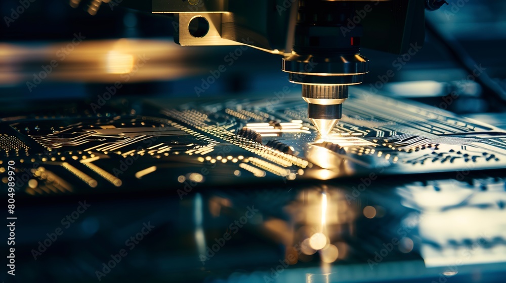 Poster Close-up of a laser etching PCB patterns, detailed view of laser and board, intense light, dark background.