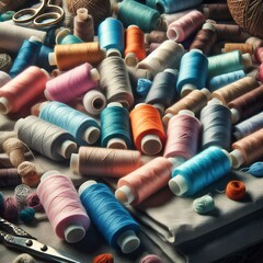 Threads in a tailor textile fabric background with colorful cotton threads of all colors.