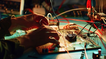 Worker testing electronic components on a breadboard, hands and wires visible, clear focus, controlled light. 