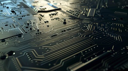 Close-up of a laser etching PCB patterns, detailed view of laser and board, intense light, dark background.