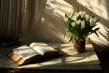 An image capturing the tranquil anticipation of Holy Saturday with a Bible open to the Gospel symbolizing faith and grace 