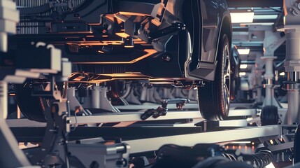 Fototapeta premium Car assembly line with a chassis being fitted with wheels, close view, detailed machinery, industrial light. 