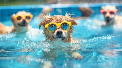 Cool dogs swimming with sunglasses on a sunny day