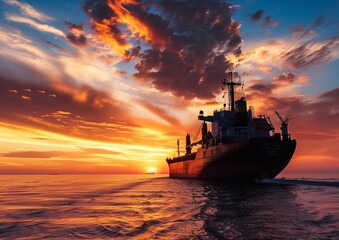 Majestic Sunset at Sea with Commercial Cargo Ship Silhouette