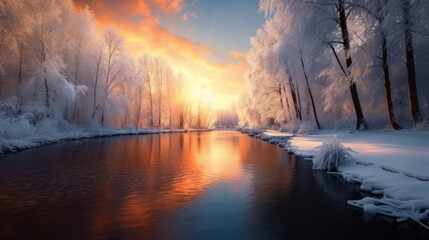 winter view at sunrise on the lake.AI generated image