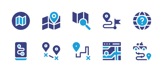 Destination icon set. Duotone color. Vector illustration. Containing map, gps, destination, direction, route, taxi, globe.