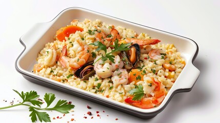 Delicious seafood rice dish with shrimp and mussels