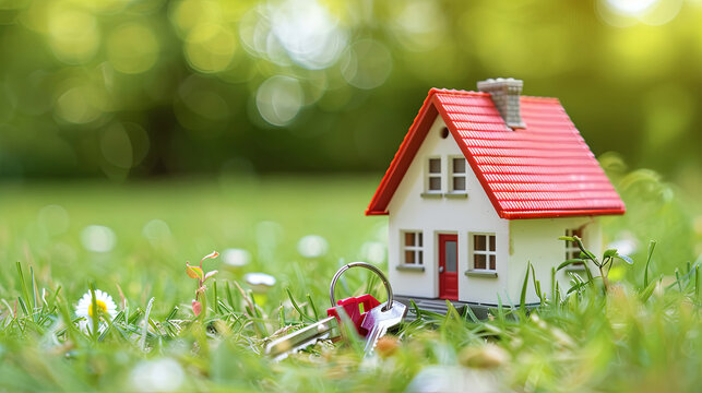 Miniature house model with keys on green grass