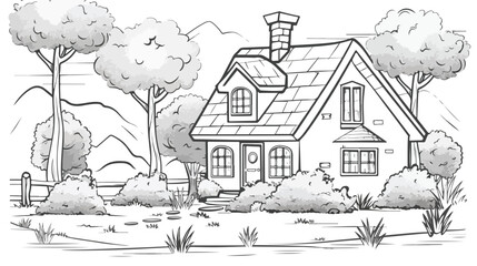 Monochrome contour of cottage in the forest