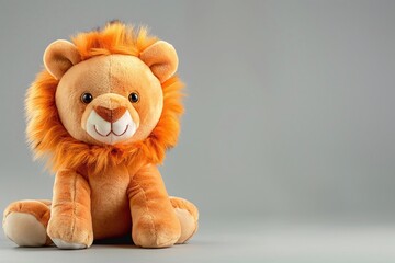 Majestic Plush Lion Toy on Soft Gray Background, Perfect for Jungle Themed Decor, Gentle and Appealing Toy Photography, Wide Copyspace