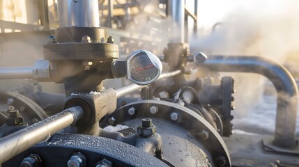 Close-up on a geothermal plant control valves, sharp focus on steam and metal, ambient industrial light. 