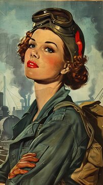 Vintage female pilot posing with aviation gear