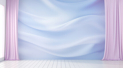 Minimal elegant interior of gallery with flowing silk curtain on wall, abstract delicate background.