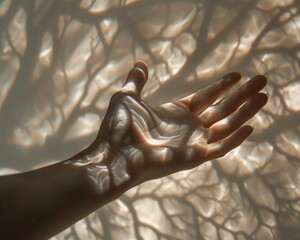 A hand casting a shadow that breaks into fractals, challenging the integrity of light and shadow in a quantum world