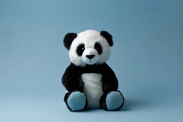 Adorable Black and White Panda Plush on Blue Background, Perfect for Children's Toy Marketing, Vibrant and Engaging Toy Photography