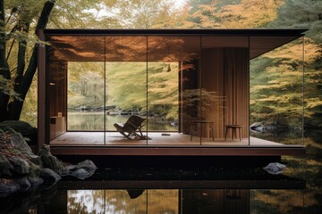A wooden pavilion with sliding doors offers a peaceful space for quiet contemplation.