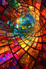 Abstract colorful mosaic square glasses in kaleidoscopic effect, curvy and wavy distortion perspective