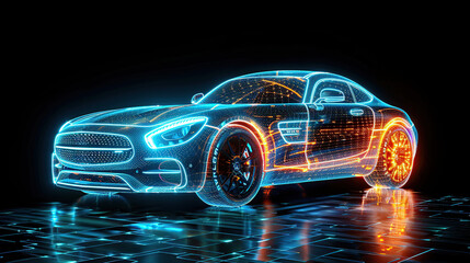 a wireframe hologram of car with glowing blue lines forming intricate patterns around its iconic structure against an isolated dark background
