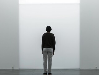 Person standing in a minimalist art gallery, facing a blank wall evoking contemplation and introspection.