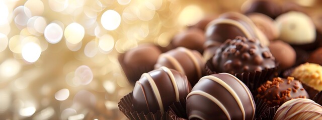 Chocolate pralines on a glittering background.