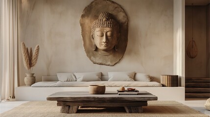A rustic coffee table with an ancient sculpture of Buddha's head on the wall behind it,Generative AI illustration.