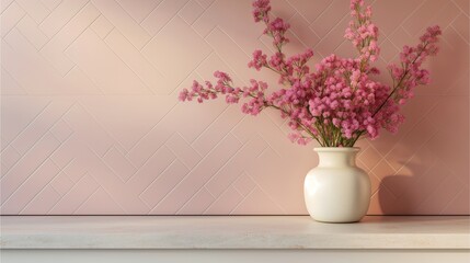 Photo of a kitchen wall with light pink herringbone pattern tiles. The worktop is white and there are fresh flowers in a vase. The background color is beige,Generative AI illustration.