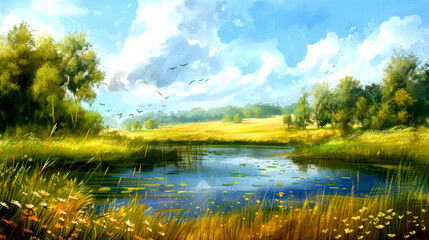 Fototapeta premium Portrait illustration landscape Spring
