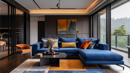 Photographer Chen Man's fashionable photography style features an L-shaped blue fabric sofa with orange and yellow accents, featuring exquisite craftsmanship,Generative AI illustration. - obrazy, fototapety, plakaty