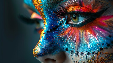 A person adorned in imaginative makeup and fashion, radiating 3D splendor and vibrant colors - obrazy, fototapety, plakaty