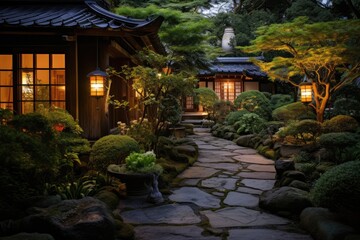 Fototapeta premium A stone pathway lined with small lanterns leads to a teahouse nestled in the heart of the garden.